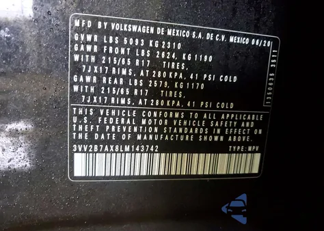 2020 Volkswagen Tiguan Se z USA, uszkodzony, nr VIN 3VV2B7AX8LM143742